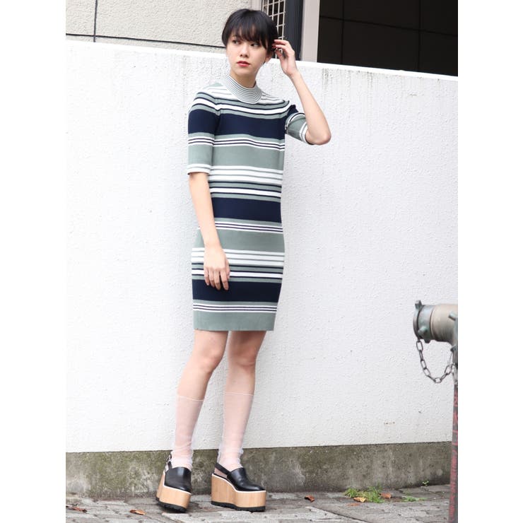 マルチボーダーフィットニットワンピース[品番：MKSW0012157]｜MURUA