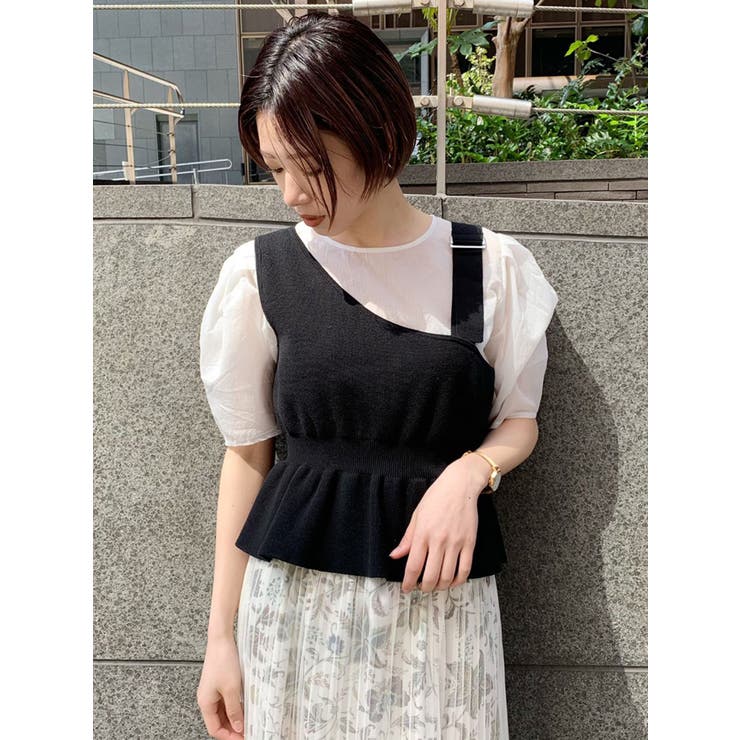 MURUA 〇アシメニットコンビブラウス ブルー -ファッション通販