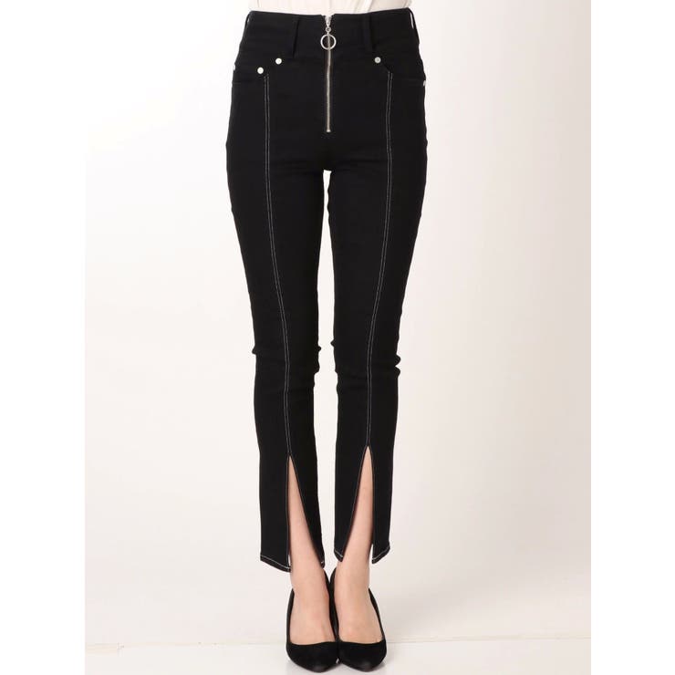 B01043ムルーアMURUAフロントジップハイウェストストレッチスキニーパンツ MURUA ハイウエストデニムスキニー（ネイビー） -靴