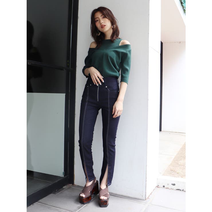 B01043ムルーアMURUAフロントジップハイウェストストレッチスキニーパンツ MURUA ハイウエストデニムスキニー（ネイビー） -靴