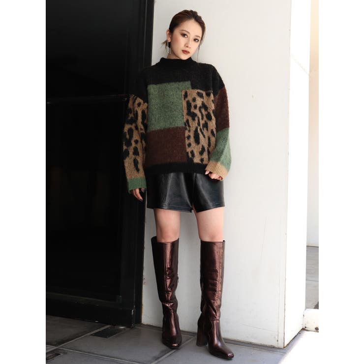 【12月スーパーSALE 15％OFF】 レオパードブロッキングニット[品番：MKSW0022426]｜MURUA トップス