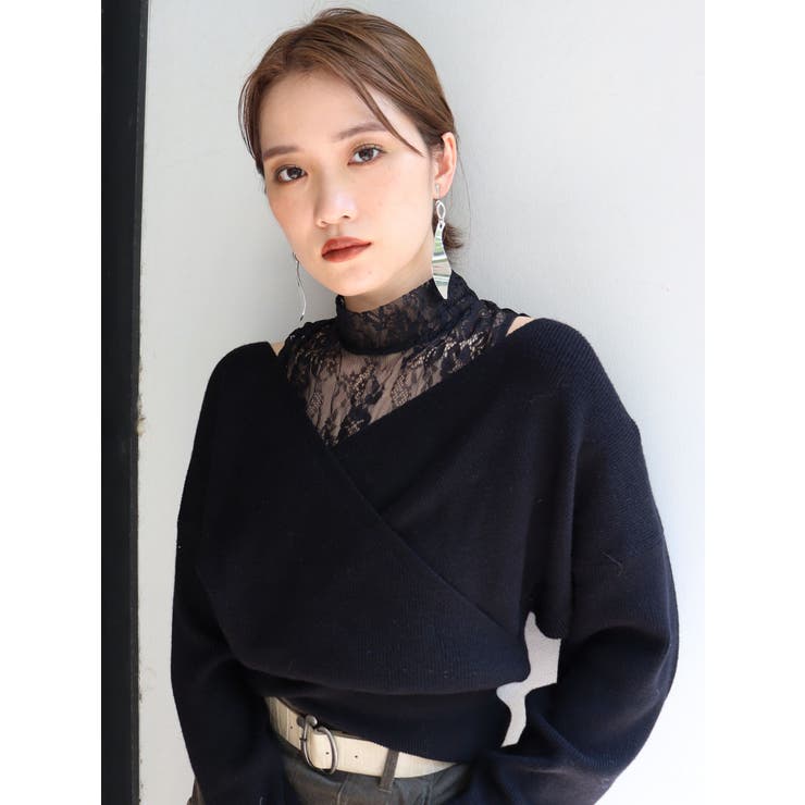 カシュクールニット＆レースロンT 限定Price！SALE 透かし編み カシュクールニット TINA：JOJUN 全2色