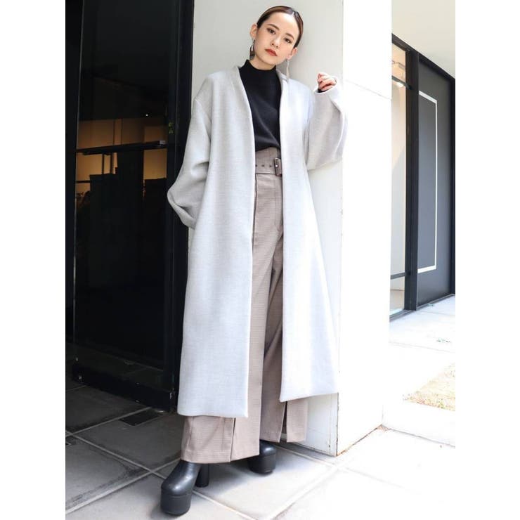 美品✨saqui ウールムートン ノーカラーコート 36 モーヴ　グレー Hisun ITALY Fashion ノーカラー ムートンコート ロング 羊革