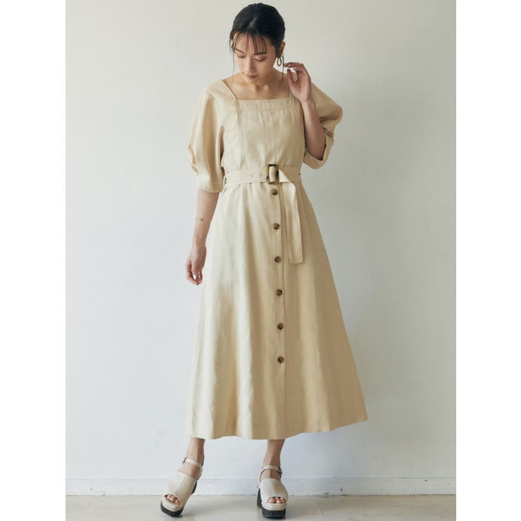 マイラン　ボリュームスリーブ　ワンピース ベルト　リネン　麻　100% マイラン ボリュームスリーブ ワンピース ベルト リネン 麻 100