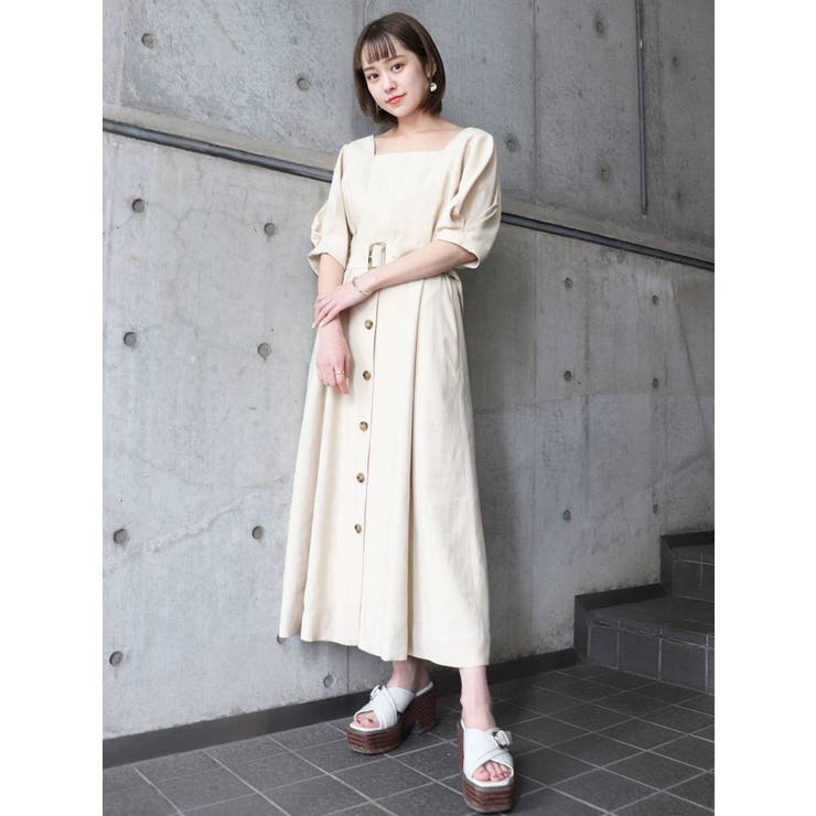 美品⁑ノーブル　クレープマテリアルボリュームスリーブワンピース　ブラック　ロング セール】ブロックレースボリュームスリーブスリットワンピース