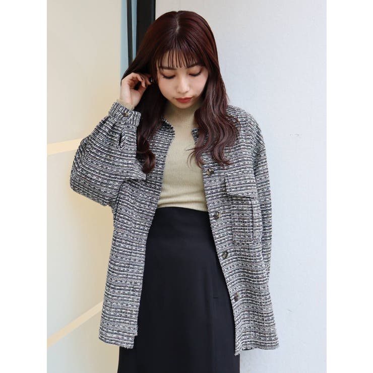 新品　CAMPHOR WOOD ラメツイード２wayシャツジャケット 黒 M Camphor wood シャツ lame tweed double zipper shirt jacket