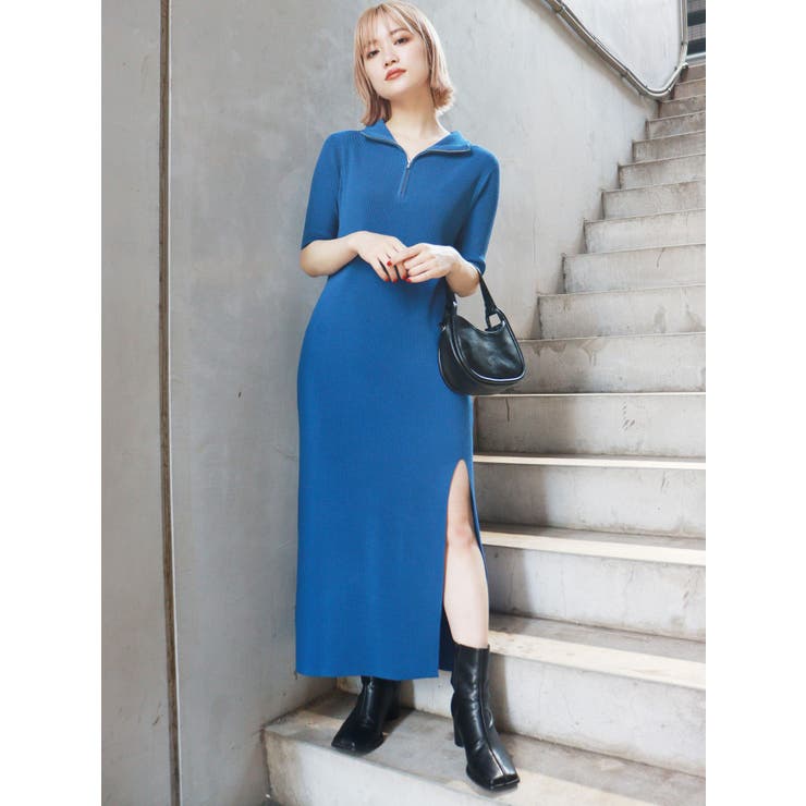 3色 スウェット ワンピース ハーフジップ スリット 長袖 秋 冬 1 wee9s ワンピース high neck half zip up sweat one piece
