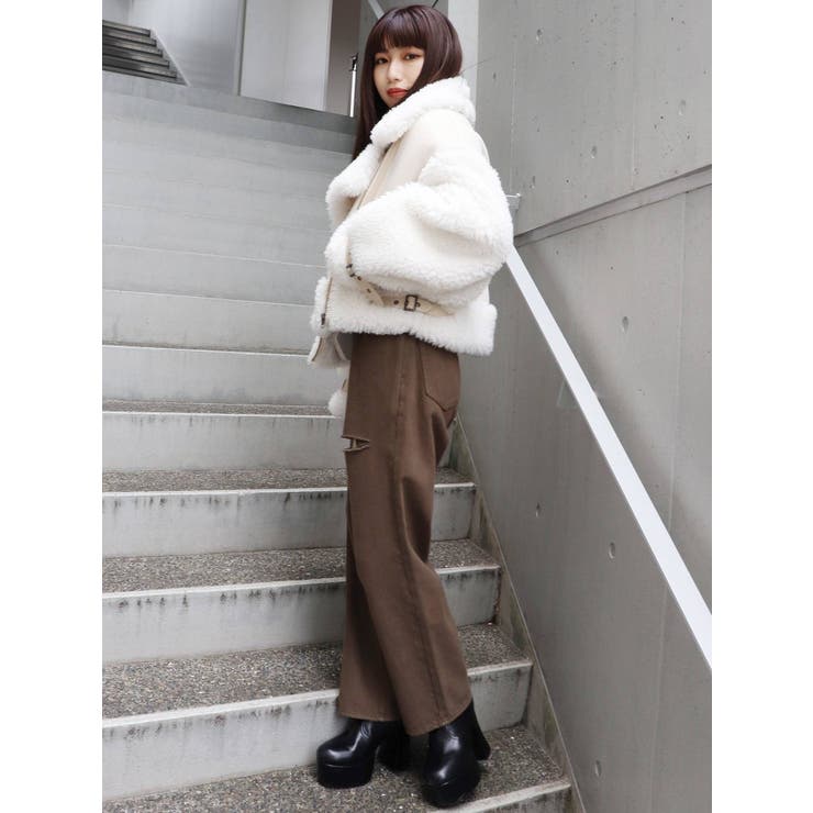MURUAムートン風コート ブラウン ホワイト Fサイズ ショートエアリーフェイクムートンジャケット｜ムルーア（MURUA