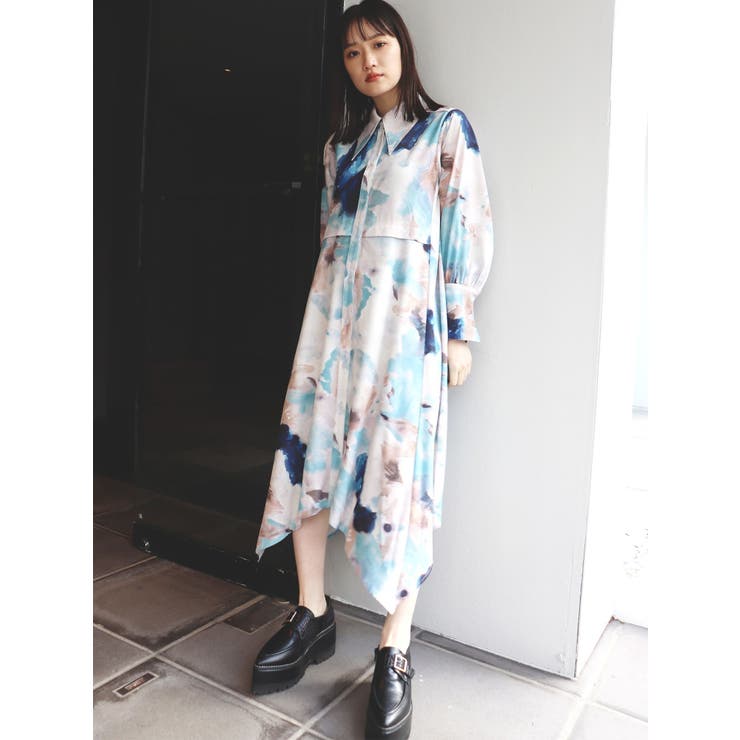 高級感 リネン✖️シルク混紡 光沢感 プリントシャツワンピースゆったり九分袖 高級感 リネン✖️シルク混紡 光沢感 プリントシャツワンピース