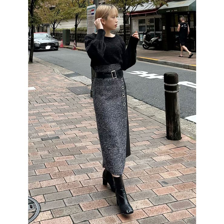 フェイクレザーパーツツイードスカート[品番：MKSW0054408