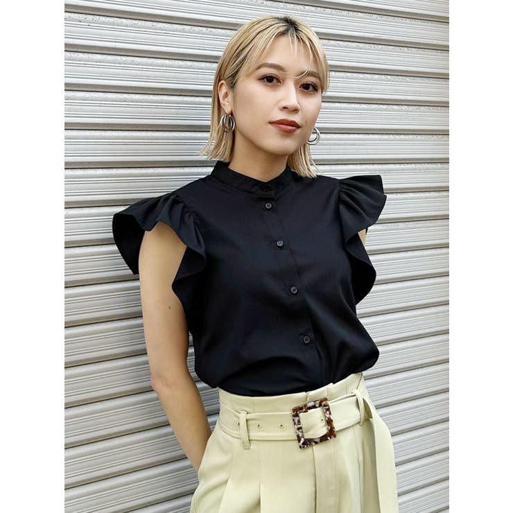 新品未使用　フラメンコ　あいあい　黒ブラウス　胸元フリル　スタンドカラー 新品未使用 フラメンコ あいあい 黒ブラウス 胸元フリル
