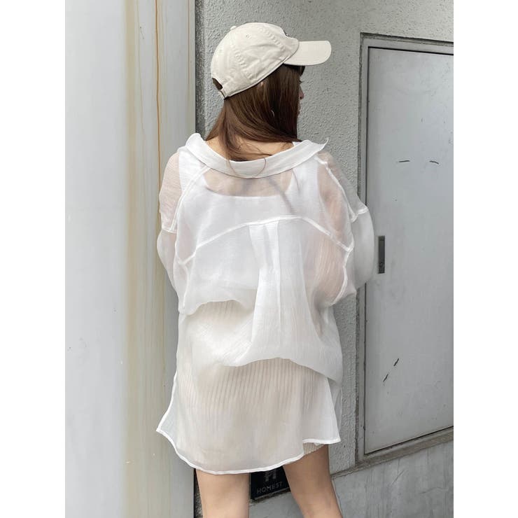 展示のみ美品　シアーボリュームスリーブプルオーバー　WHITE シアーシャイニーボリュームスリーブシャツ[品番：MKSW0055755