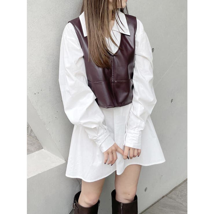 フェイクレザーベスト×シャツワンピースSET[品番：MKSW0058994