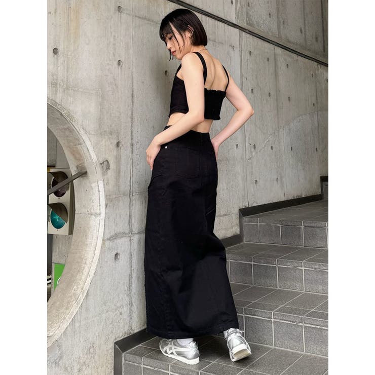 MURUA (ムルーア) フロントオープンデニムロングスカート　ブラック MURUA デニムスカート デニムフロントオープンロングスカート