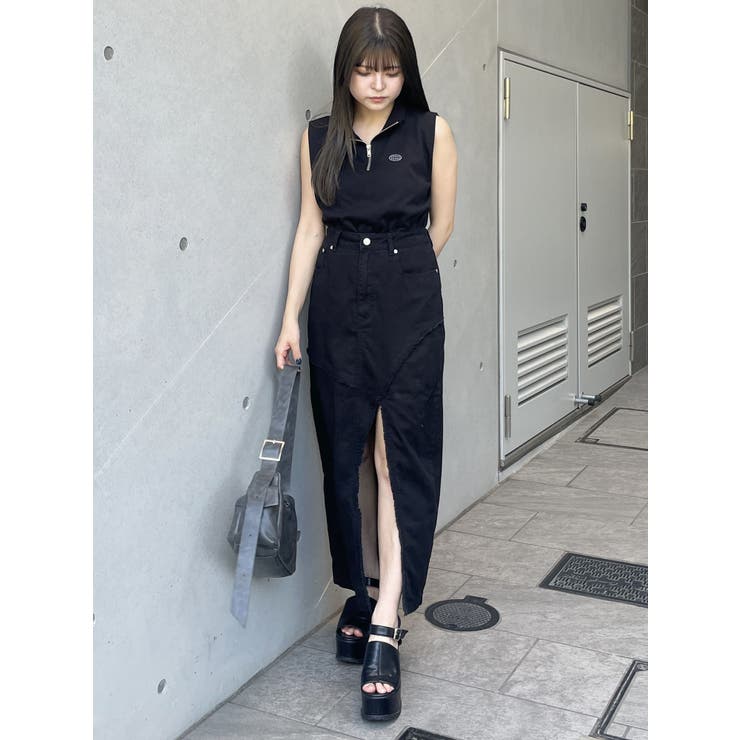MURUA (ムルーア) フロントオープンデニムロングスカート　ブラック MURUA デニムスカート デニムフロントオープンロングスカート