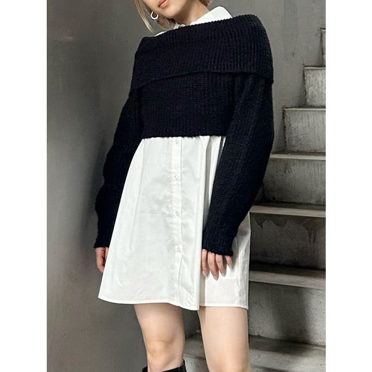 【再入荷】 オフショルニット×ミニシャツワンピSET[品番：MKSW0060785 ワンピース