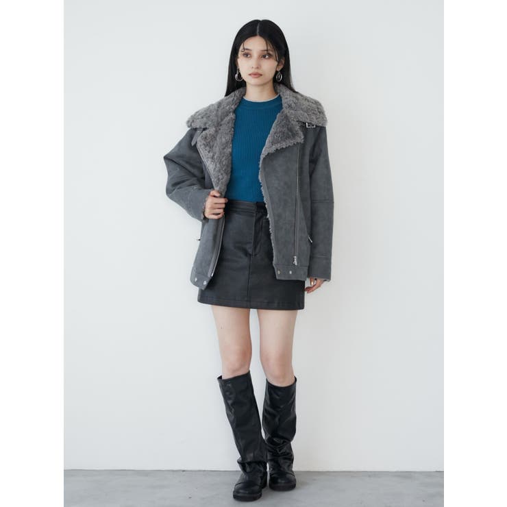MURUA ヴィンテージライクフェイクレザーミドルジャケット / ミニスカート MURUA スカート 「SET UP対応」ヴィンテージライクフェイク