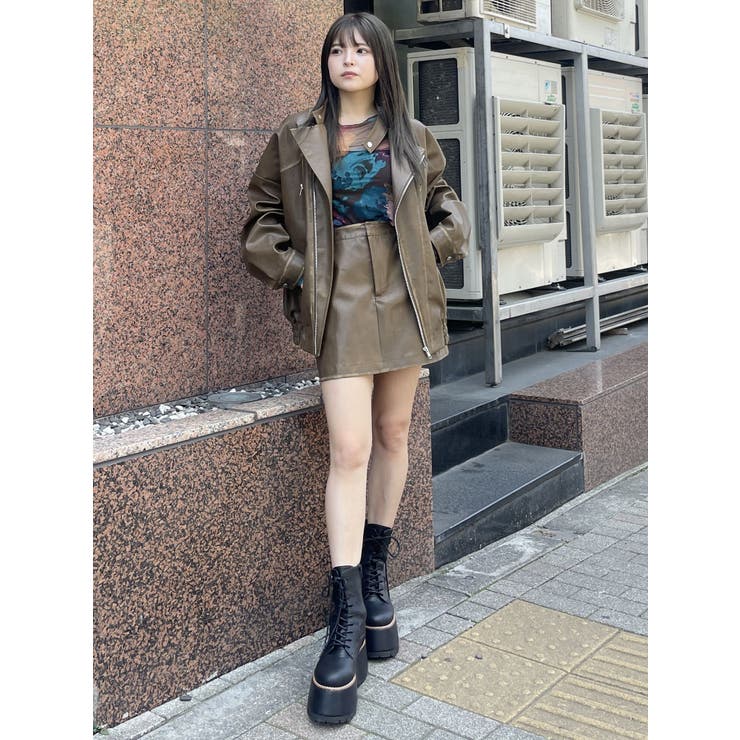 ヴィンテージライクフェイクレザーミニスカート[品番：MKSW0060126