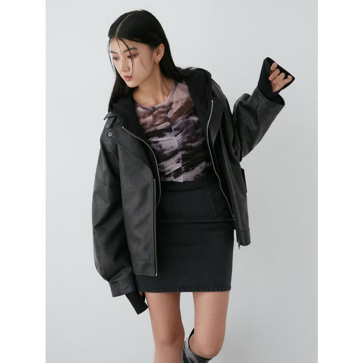 SET UP フェイクレザーステンミドルブルゾン＆プリーツスカパン