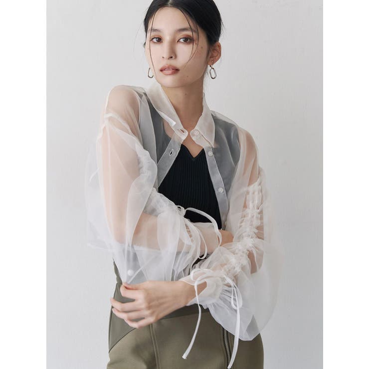 ホワイト | リボンドロストスリーブシャイニーシアーシャツ | MURUA