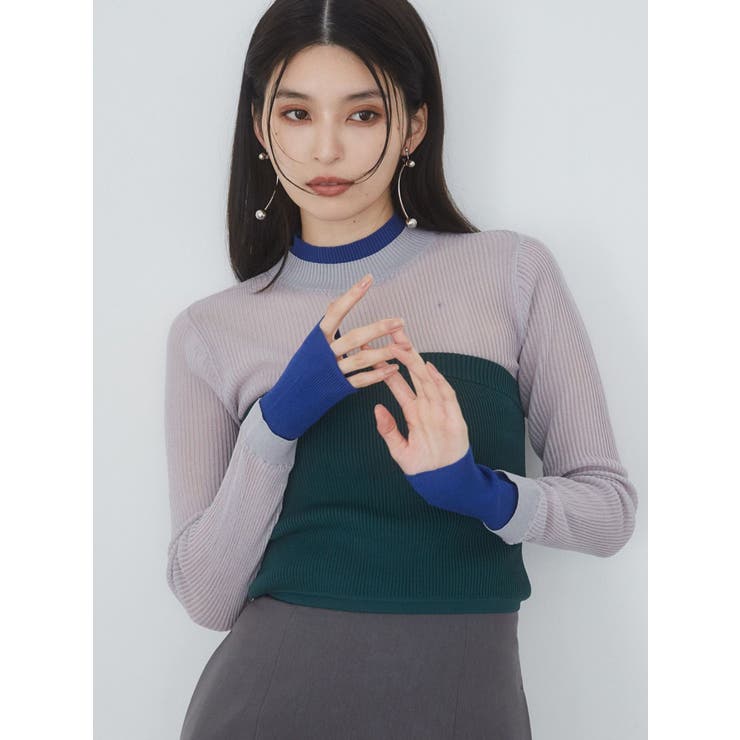 美品 OMMO シアーレイヤードタートルニット ネイビー ニット オフタートルプルオーバー ネイビー レディース(M