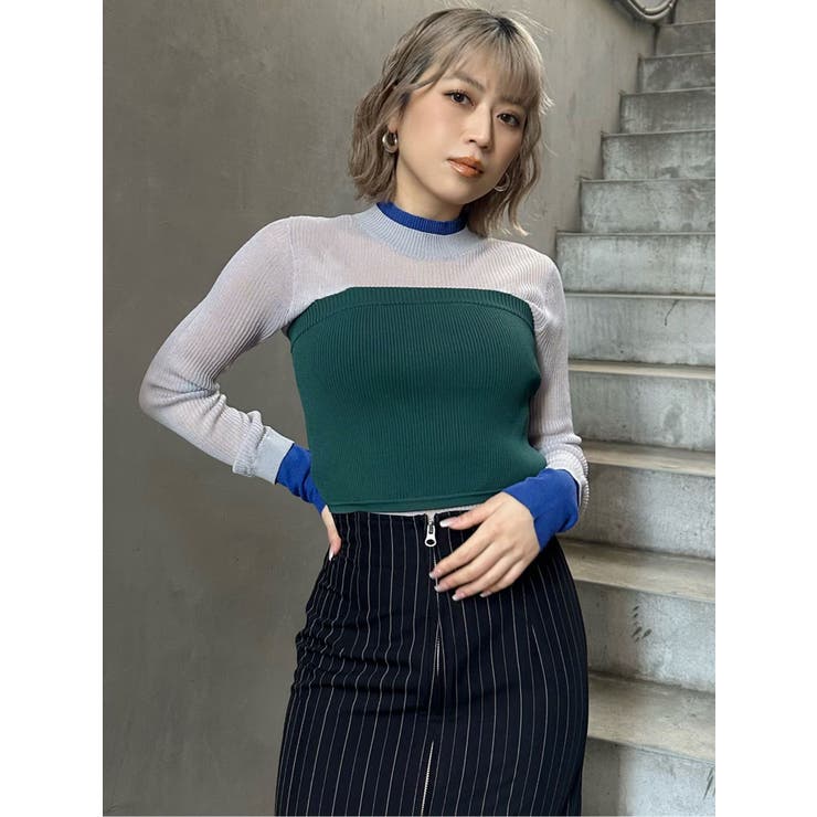 美品 OMMO シアーレイヤードタートルニット ネイビー OMMO シアーレイヤードタートルニット