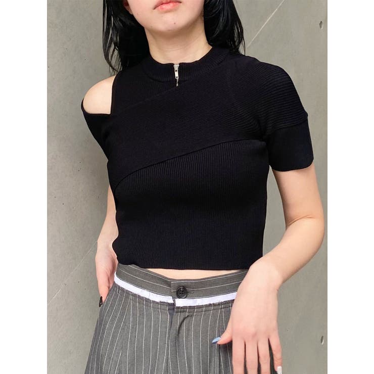 ブラック | ワンサイドオフショルジップニット | MURUA