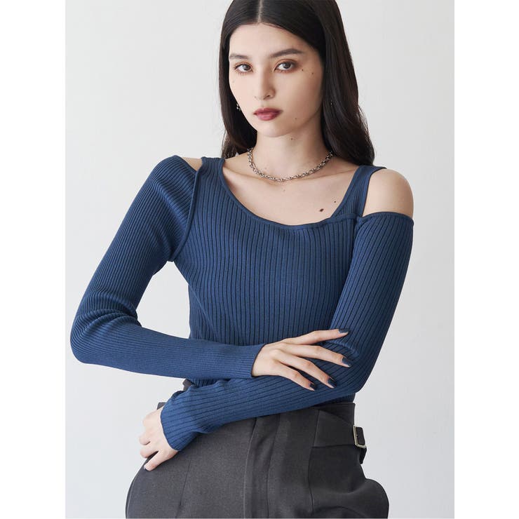 ブルー | ショルダーカットレイヤードライクリブニット | MURUA