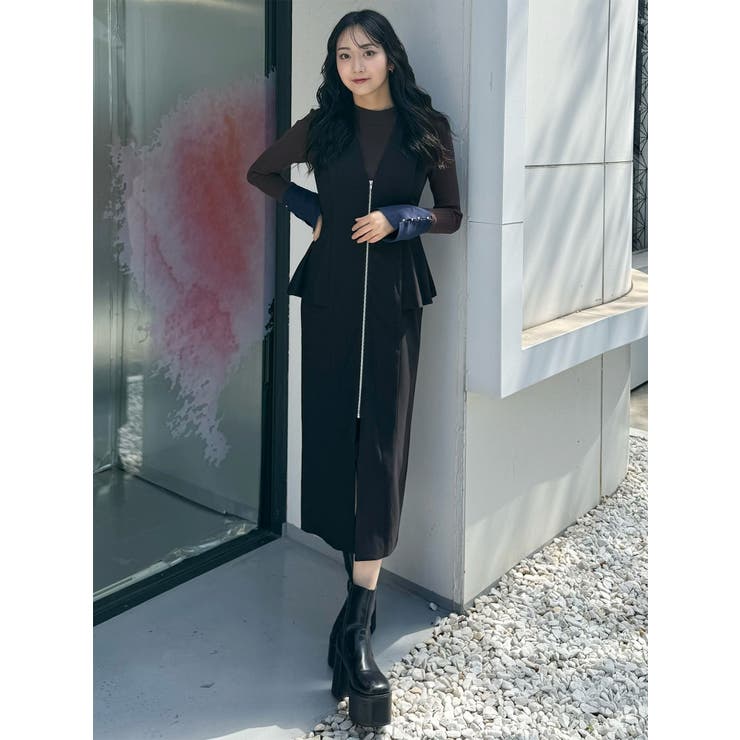 フロントZIPペプラムジャンパースカート[品番：MKSW0067394]｜MURUA