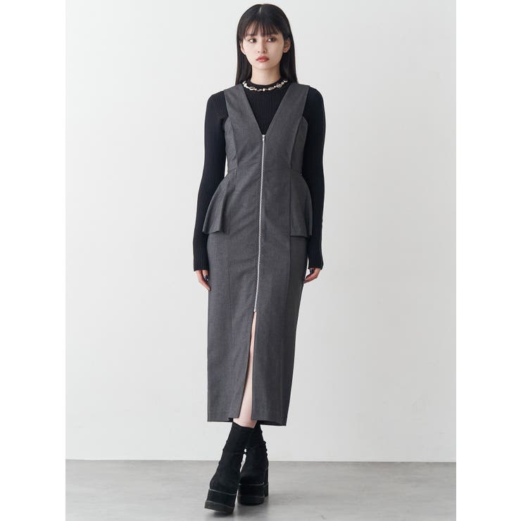 フロントZIPペプラムジャンパースカート[品番：MKSW0067394]｜MURUA