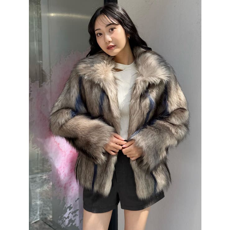 フェイクファーラインジャガードコート[品番：MKSW0067519