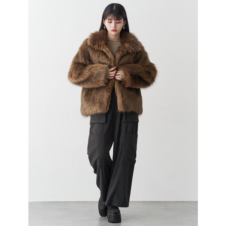 MURUA ファーコート ムルーア MURUA フェイクファーラインジャガードコート （ライト