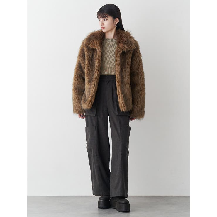 MURUA ファーコート フェイクファーラインジャガードコート[品番：MKSW0060529