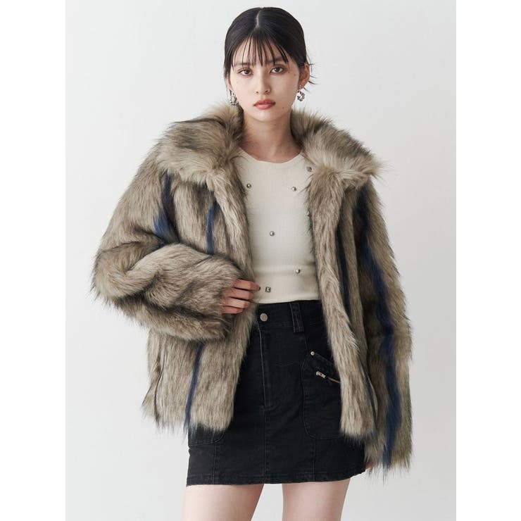 MURUA ファーコート フェイクファーラインジャガードコート[品番：MKSW0060529