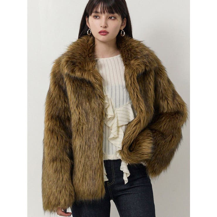 ブラウン | フェイクファーラインジャガードコート | MURUA