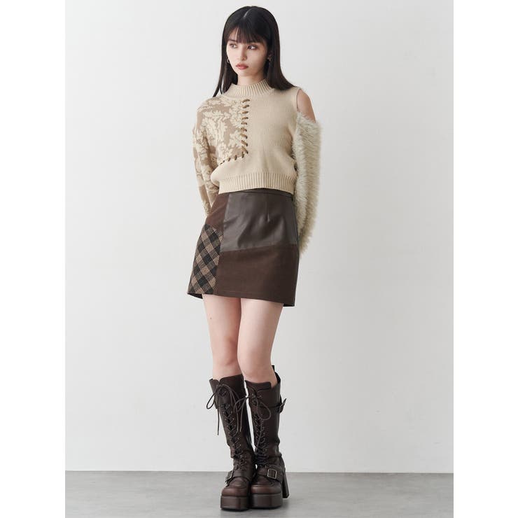 i+mu センソユニコ　ウールスカート　ブラウン　パッチワーク風 40％off】ウールチェックジャンバースカート(ブラウン) - seventen