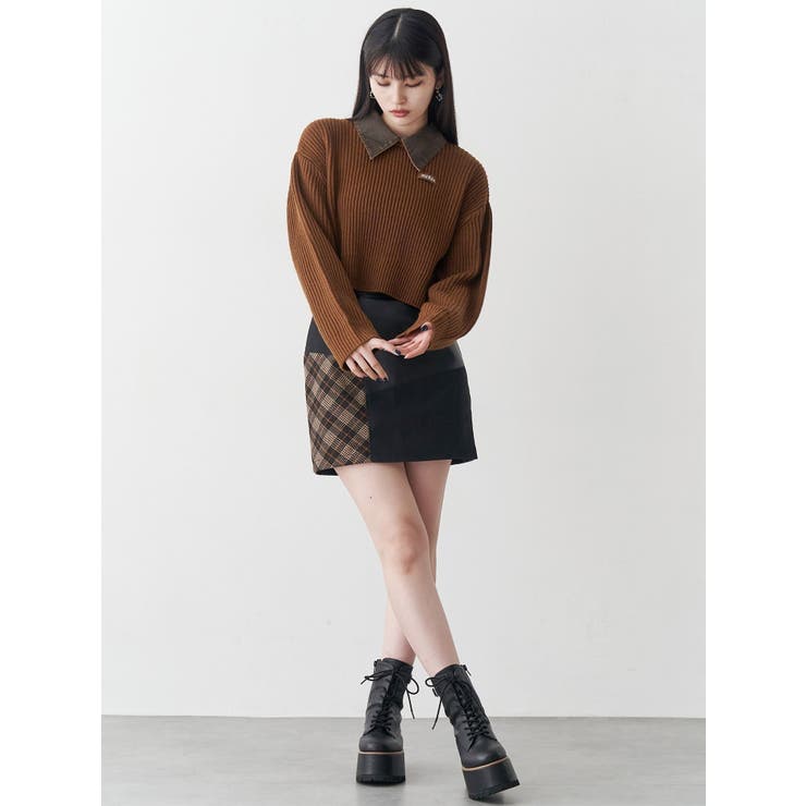 i+mu センソユニコ　ウールスカート　ブラウン　パッチワーク風 40％off】ウールチェックジャンバースカート(ブラウン) - seventen