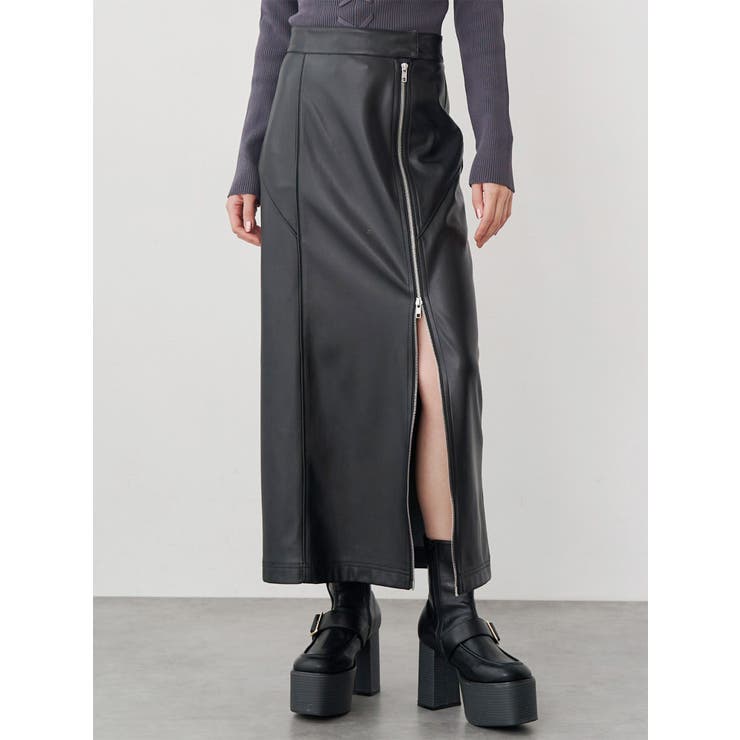 ブラック | ZIPスリットフェイクレザーナロースカート | MURUA