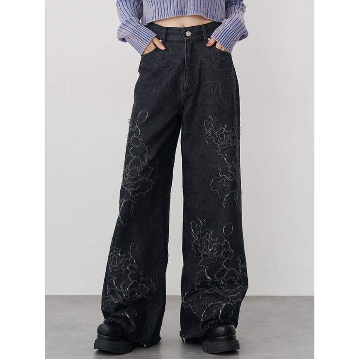 ブラック | ダメージフラワーワイドデニム | MURUA