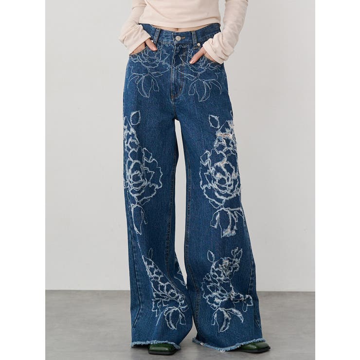 ブルー | ダメージフラワーワイドデニム | MURUA