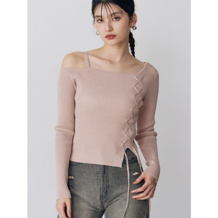 ピンク | ワンショルダーレースアップニット | MURUA