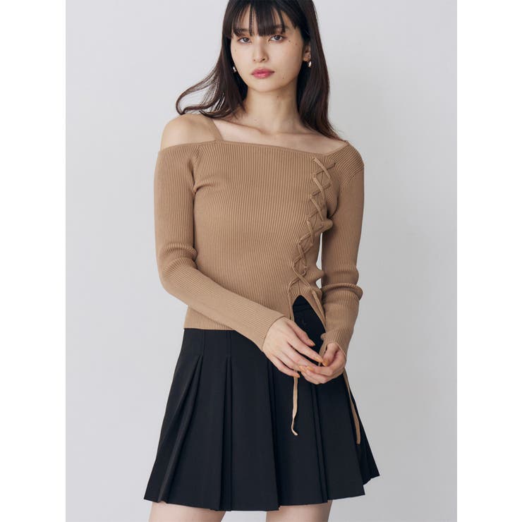 ベージュ | ワンショルダーレースアップニット | MURUA