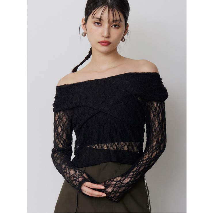 ブラック | レースカシュクールオフショルトップス | MURUA