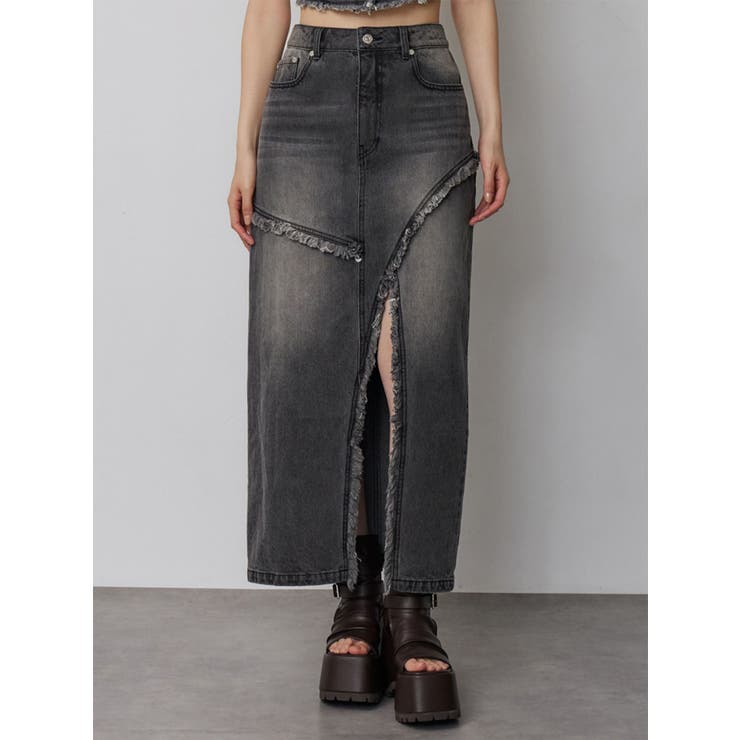 ブラック | フリンジスリットデニムスカート【セットアップ着用可】 | MURUA