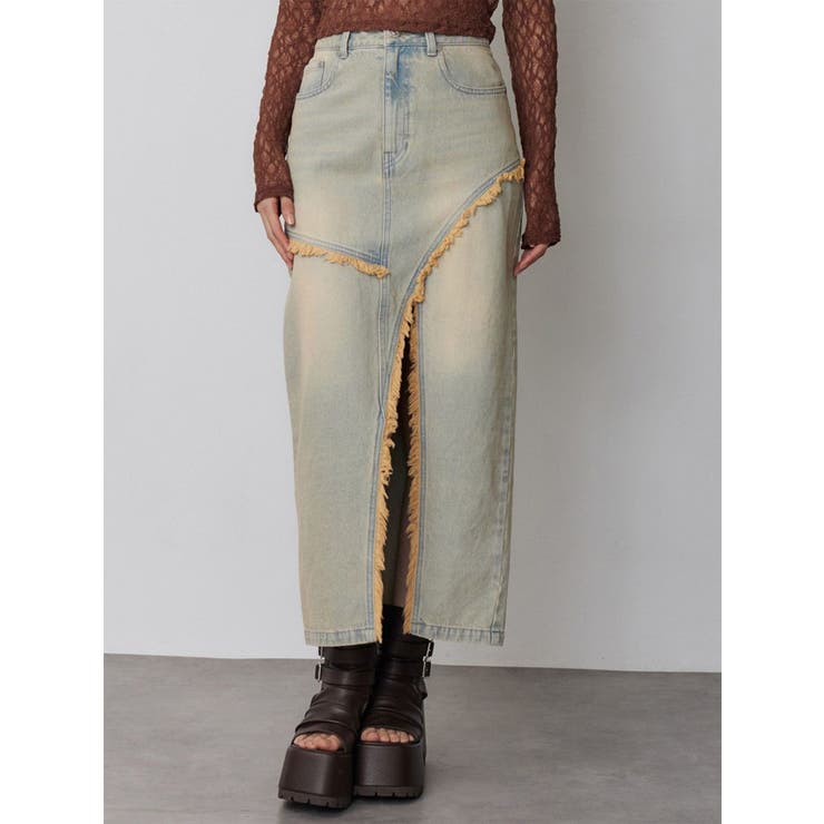 ブルー | フリンジスリットデニムスカート【セットアップ着用可】 | MURUA