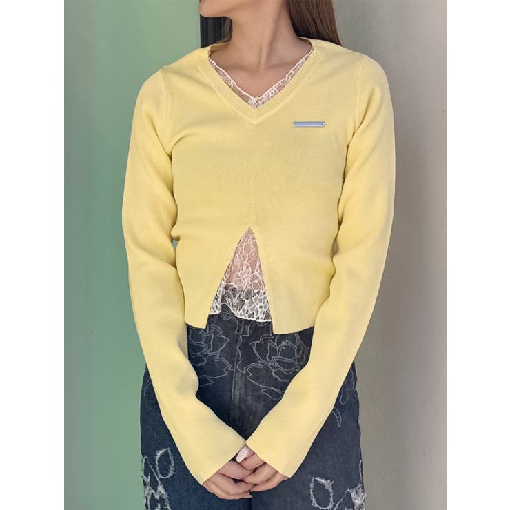 イエロー | レースレイヤードVネックニット | MURUA