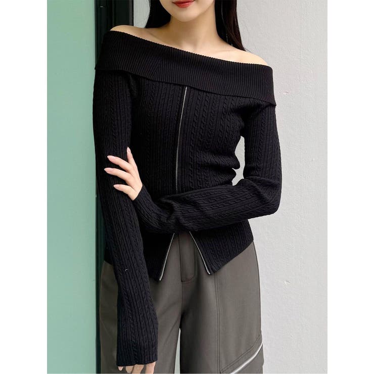 ブラック | オフショルダーケーブルニット | MURUA