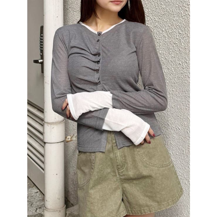 グレー | ウェーブバイカラーカーデトップス | MURUA