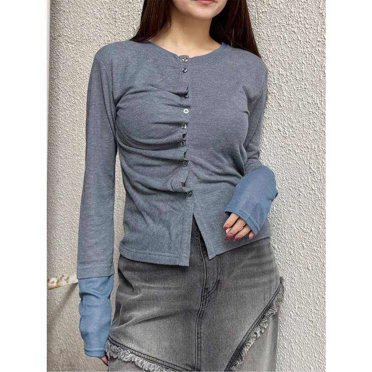 ブルー | ウェーブバイカラーカーデトップス | MURUA