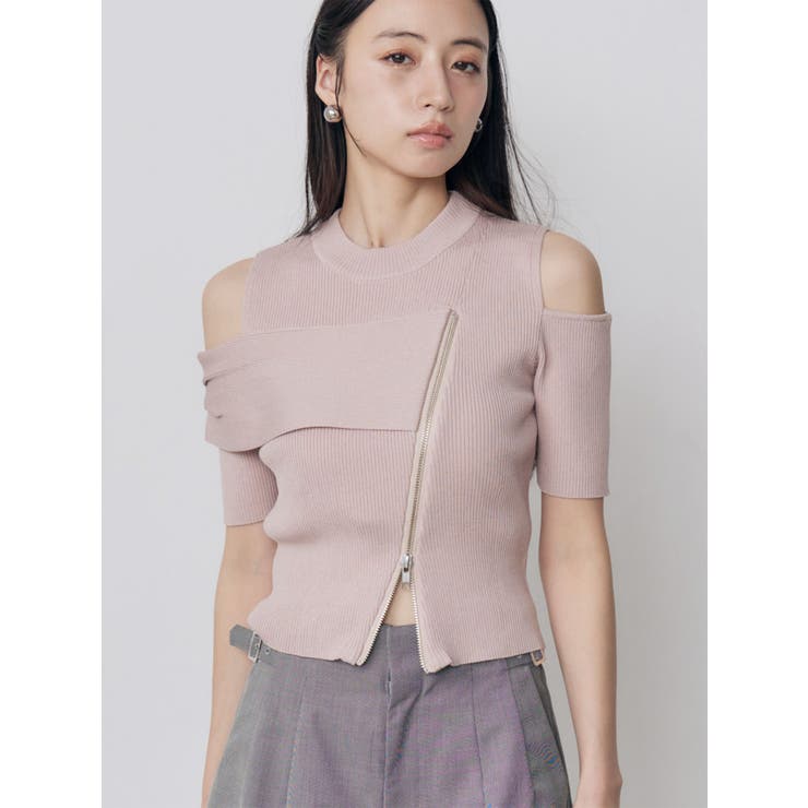 ピンク | ショルダーカットZIPハーフニット | MURUA